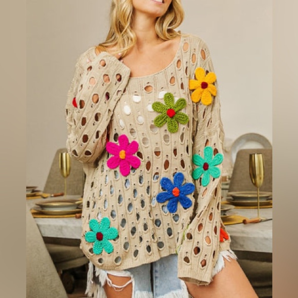 BiBi Perforated Sweater with Flower Appliques size Small